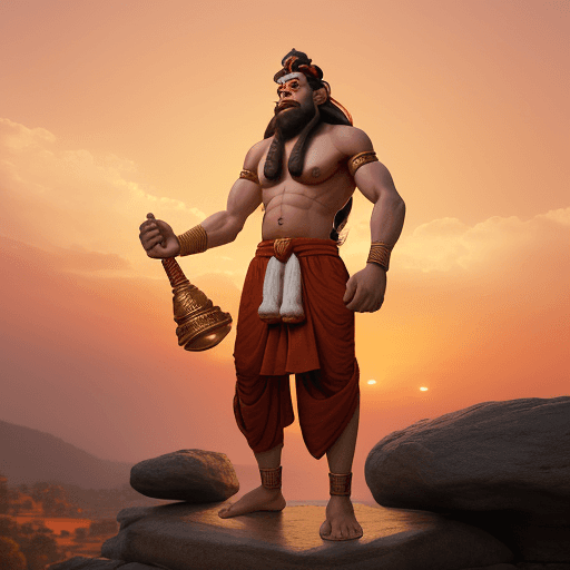 AI generated: A loard hanuman , wearing a red dhoti with long hair with beard and whole body have brown hair , sta...