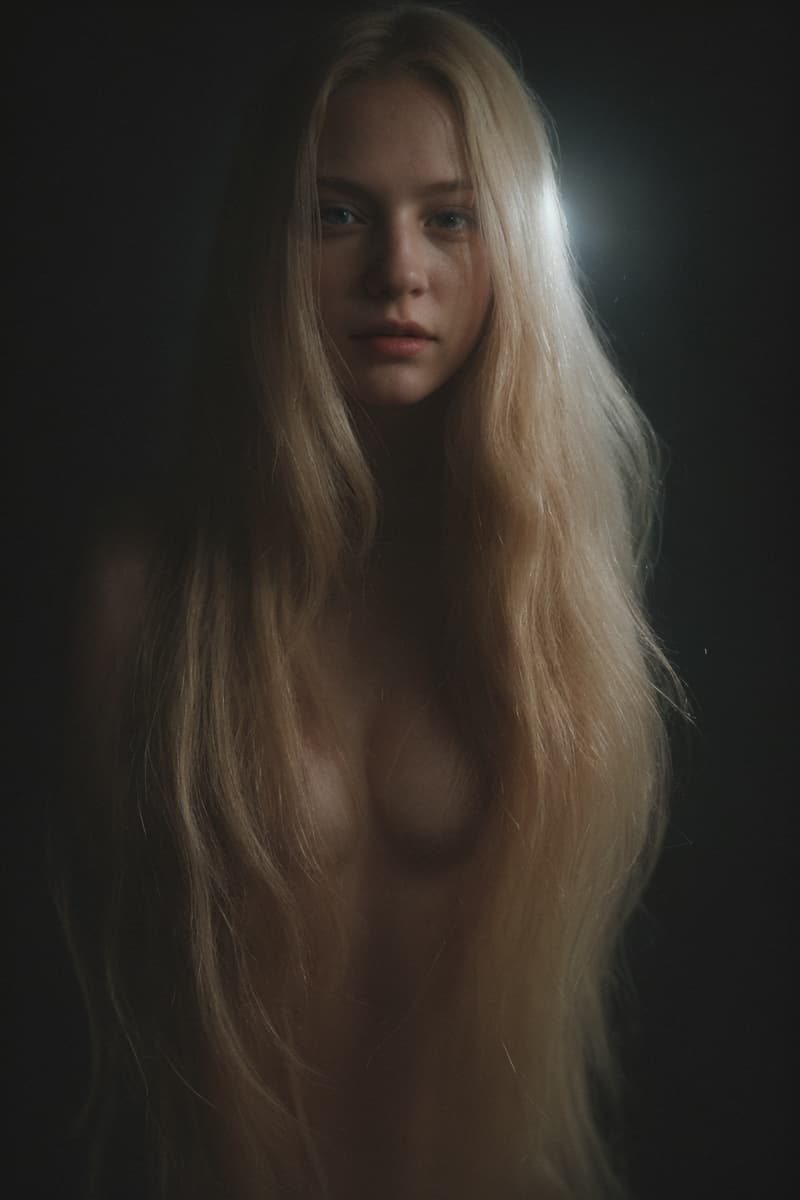 AI generated: body (turned:1.1) to the photograph of a young (shyly:0.8) (smiling:0.8) nude (curvy:0.9) icelandic ...