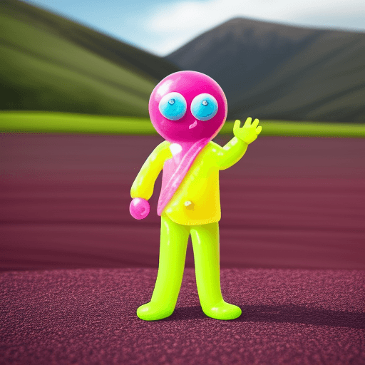 AI generated: colourful sour belt candy in a landscape orientation standing on two small feet, it has small hands ...