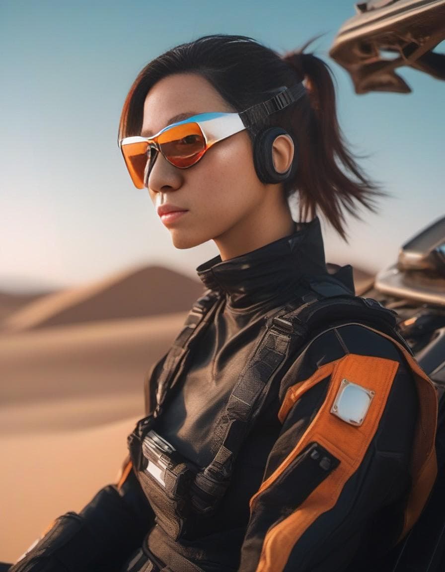 AI generated: female character wearing goggles while sitting in the desert, in the style of cyberpunk imagery, rea...