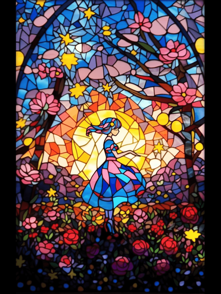 AI generated: a vibrant stained glass art piece of a woman with very short hair dancing in a field of flowers, blu...