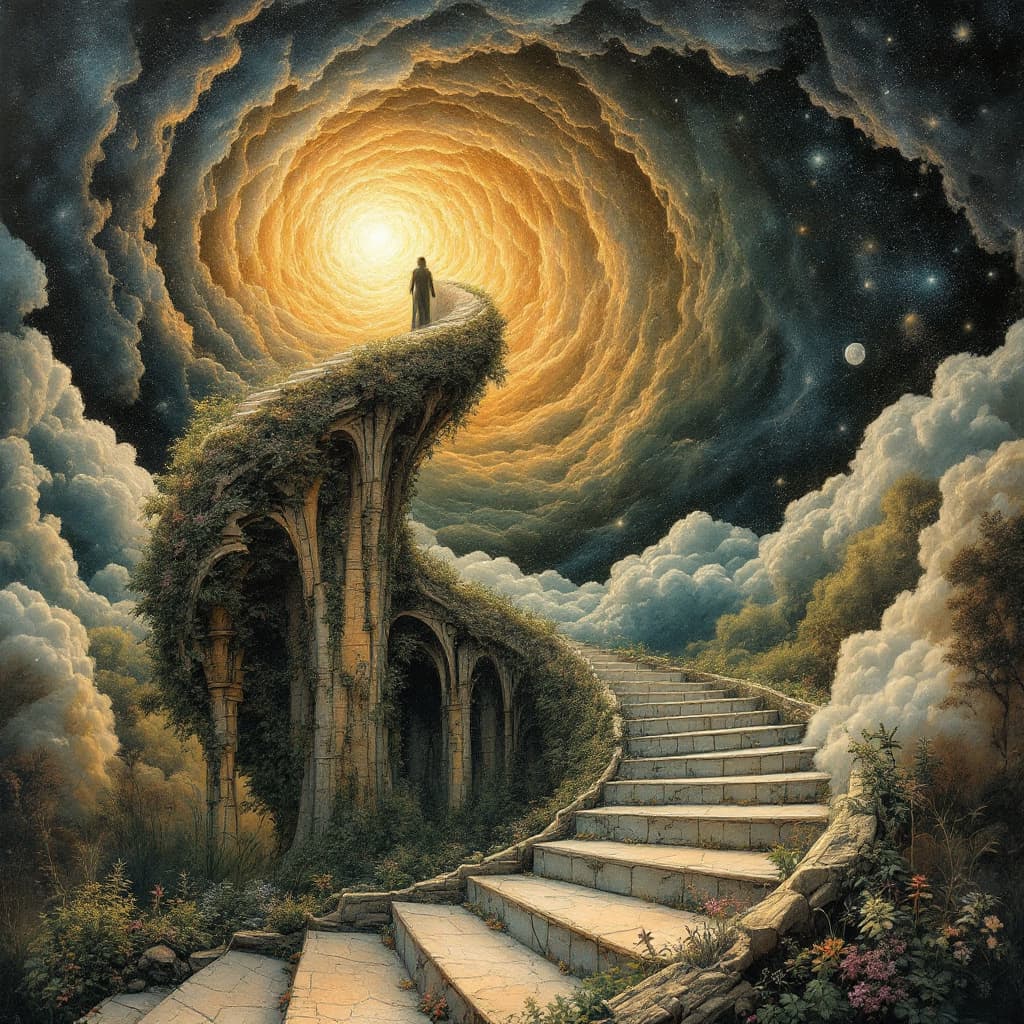 AI generated: Uma escada em espiral perfeita de Fermat leva ao céu noturno, onde uma porta misteriosa flutua nas n...