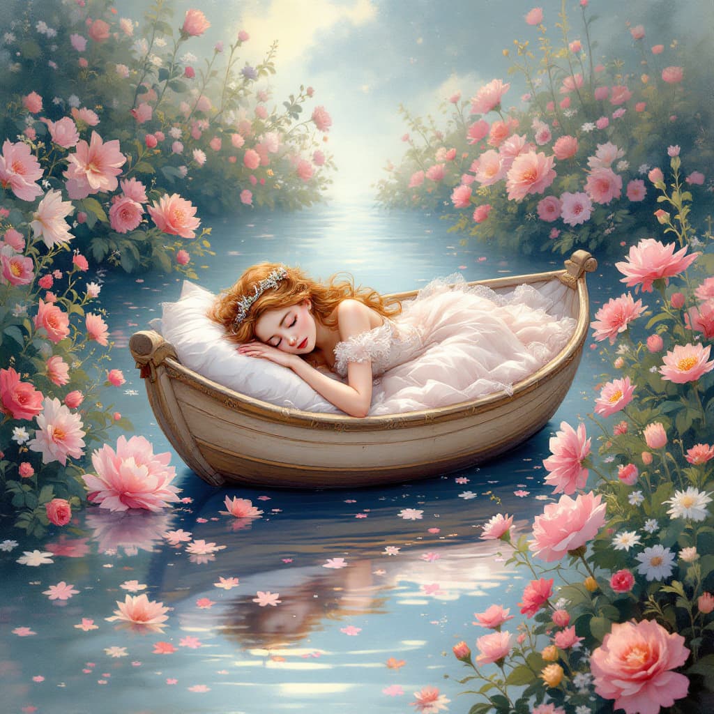 AI generated: A princess sleeps in a boat floating on a river of flowers. Pastel colors, stunning artwork, soft fe...