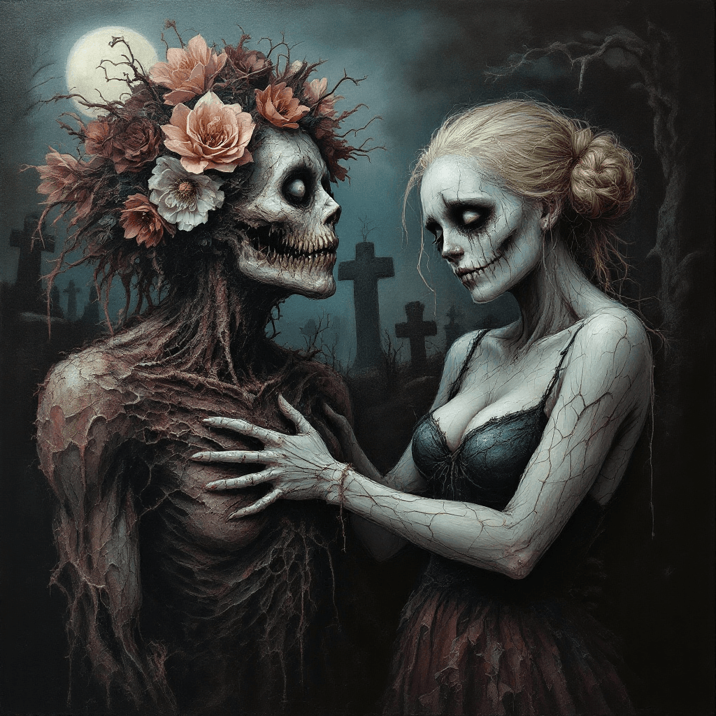 AI generated: Impasto artwork grotesque scene: two decayed figures one with rotting flower-adorned hair, the other...