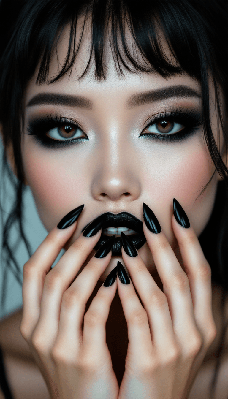 AI generated: a photo of an asian model wearing strong black make up, covering her lips with long pointy nails, wh...