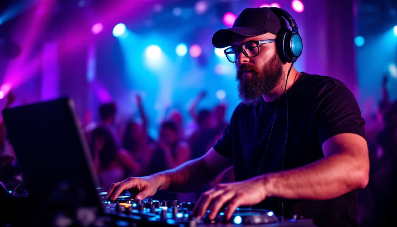 AI generated: A DJ with a beard and glasses wearing a baseball cap and a black T-shirt, headphones, entertainment ...