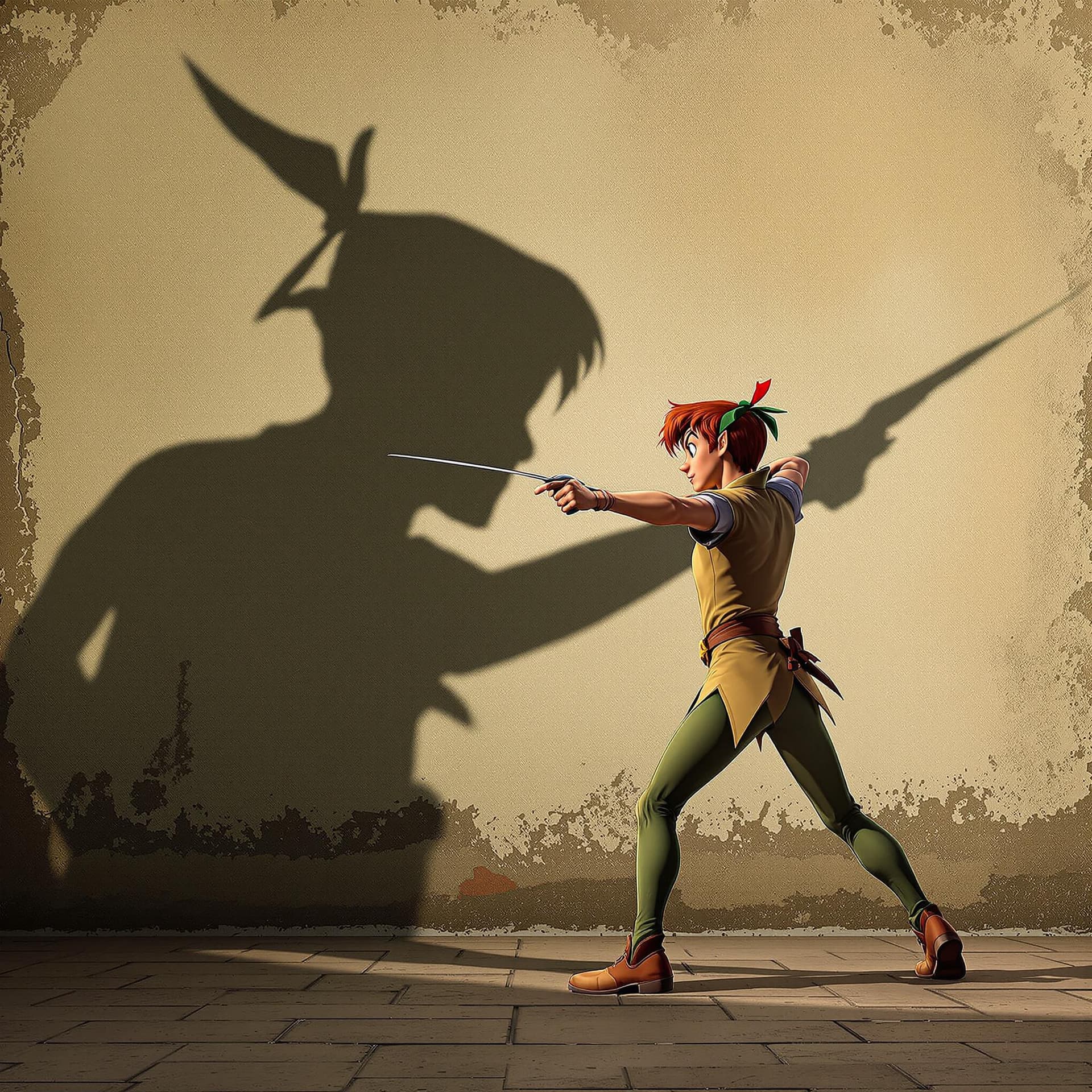 AI generated: realistic photo peter pan is fencing with his shadow against the wall