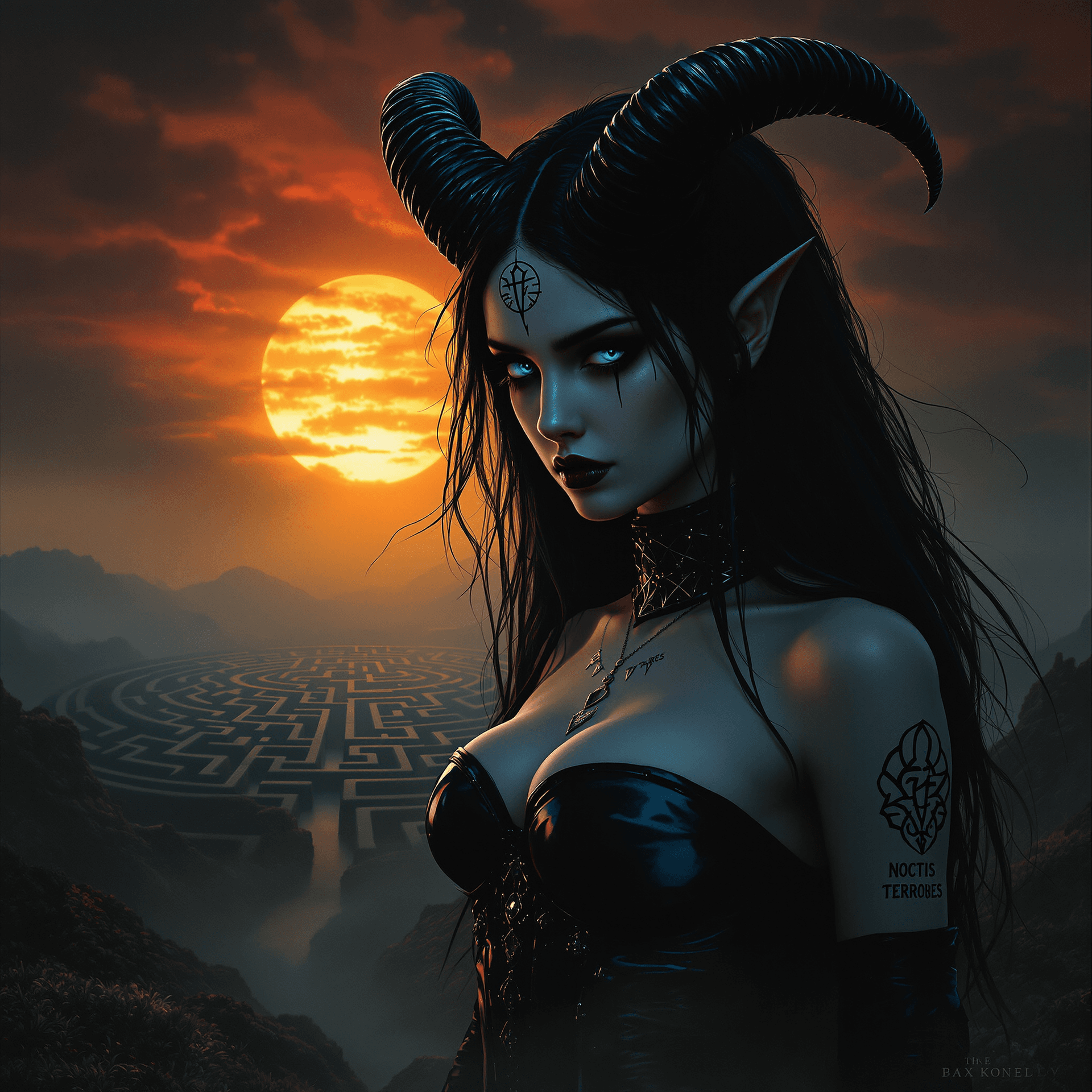 AI generated: A record-album cover, fantasy art: A powerful yet vulnerable female demon, reminiscent of Beksiński'...