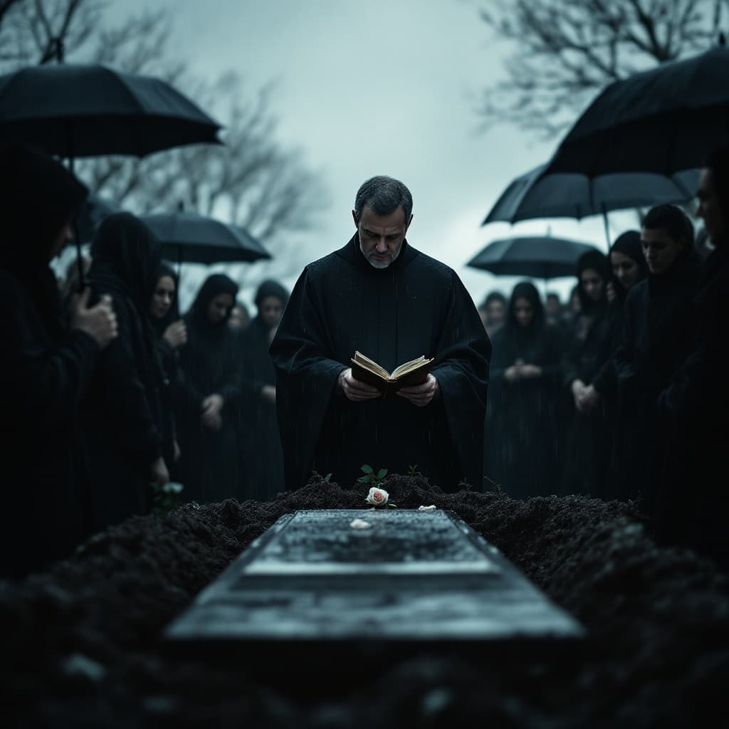 AI generated: A somber funeral unfolds under an overcast sky, the air heavy with grief and the distant rumble of t...