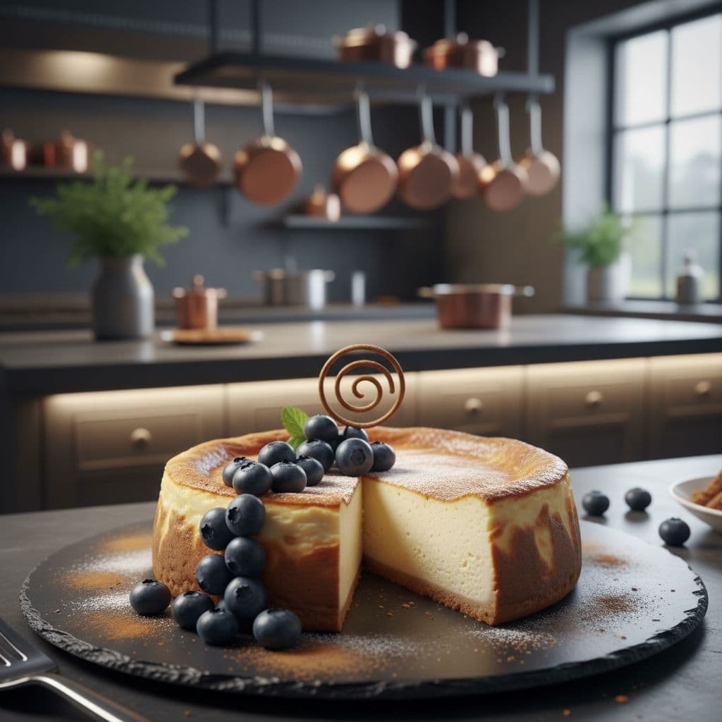 AI generated: food photography,cheese cake,blueberries,cinnamon,in a luxurious Michelin kitchen style, depth of fi...