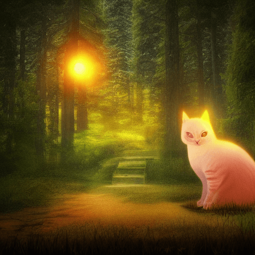 AI generated: 8k, realistic, samurai cat, landscape, neon frame, luminiscent lake, middle of forest, fireflies
