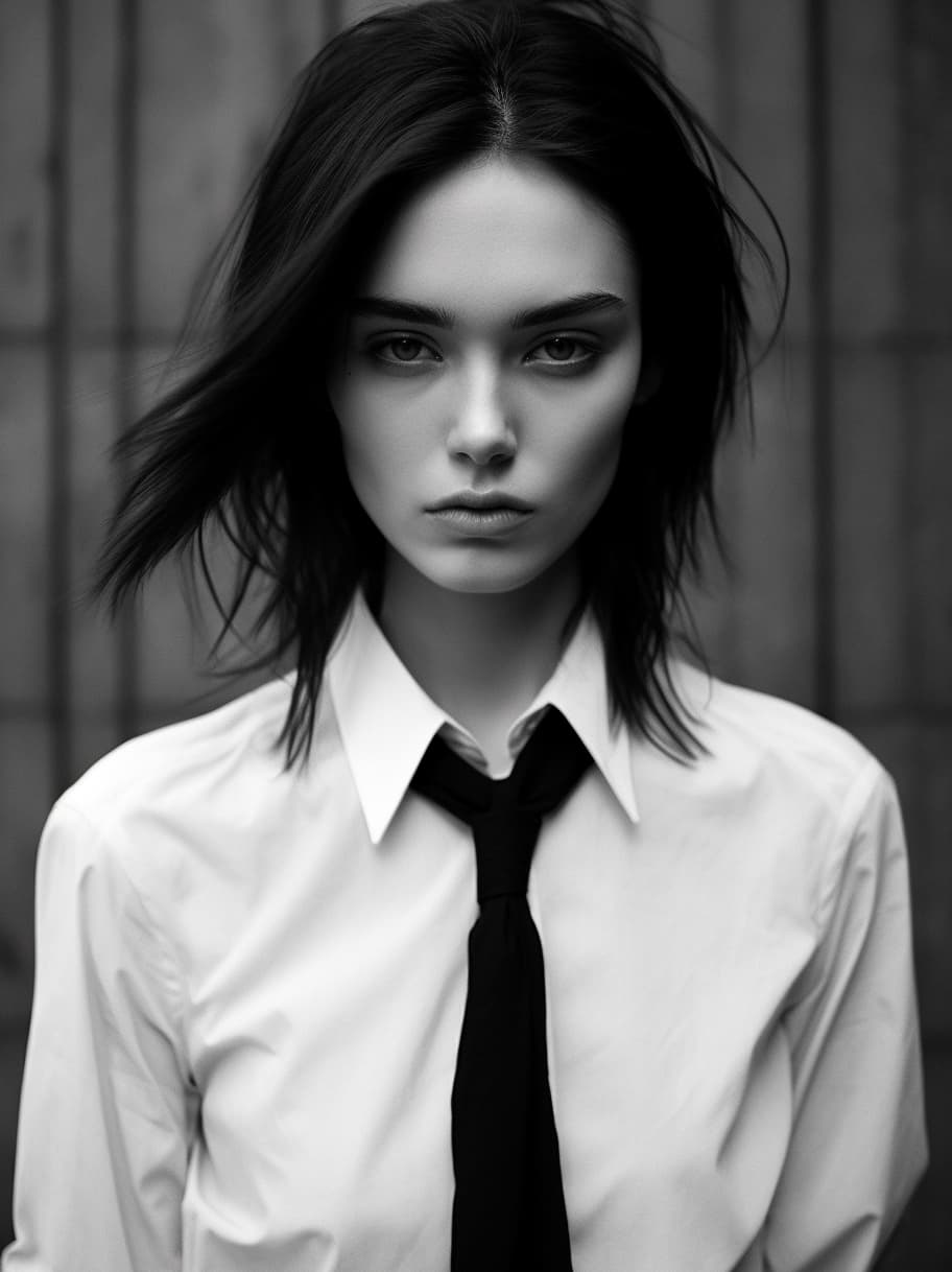 AI generated: a black and white photo of a woman in a vest, nagash editorial, delicate androgynous prince, dress s...