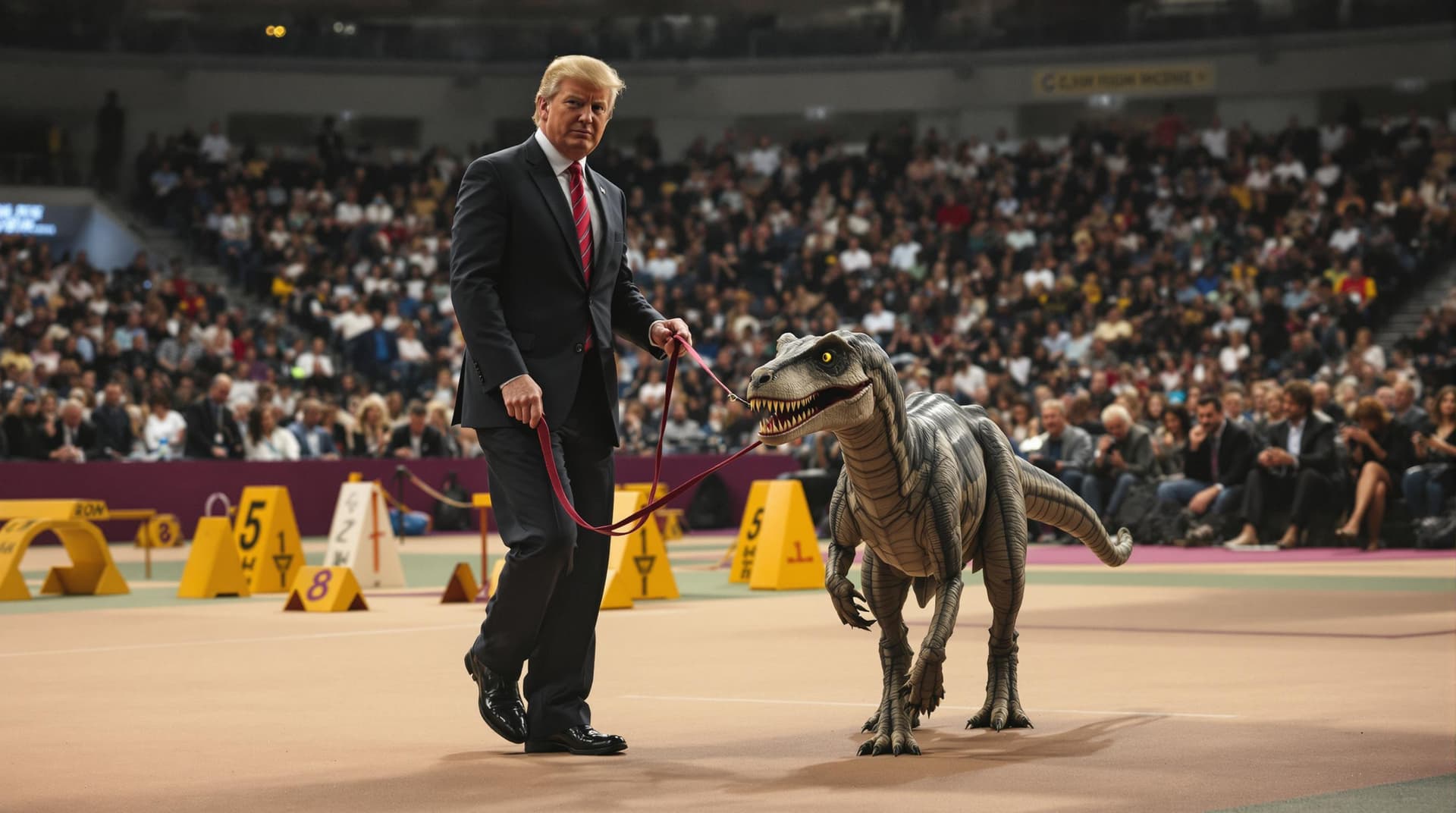 AI generated: in the style of Crufts, a highly realistic man is walking round with a detailed pet velociraptor on ...
