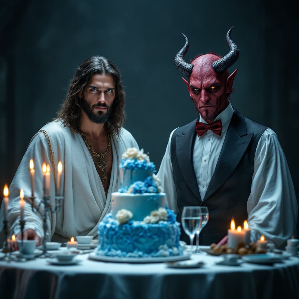AI generated: "2 realistic man cakes focus on face details Jesus the Choecem handsome cinematic real photography, ...