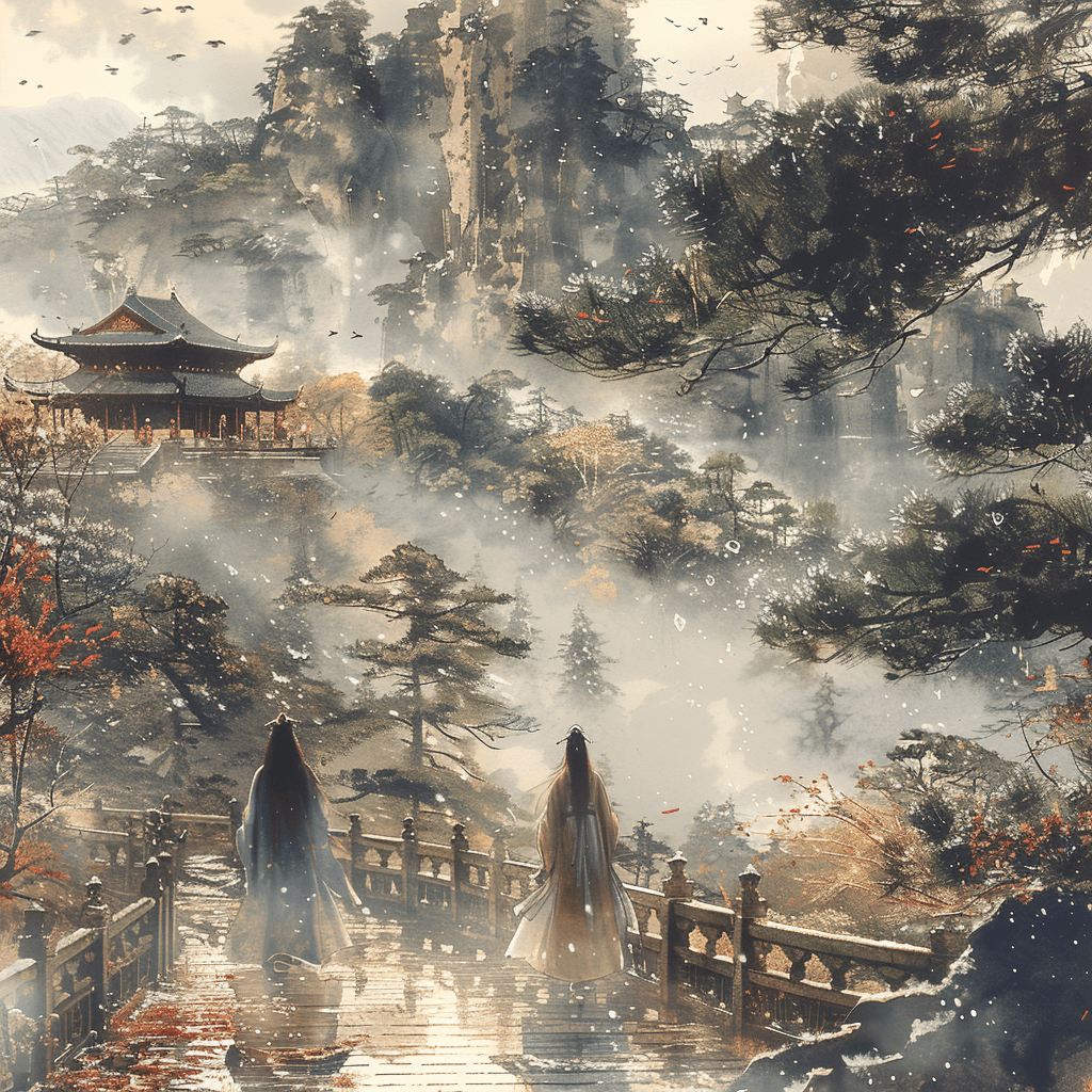 AI generated: Two women walking in a Chinese garden, wearing Hanfu and flowing robes, in the style of Chinese ink ...