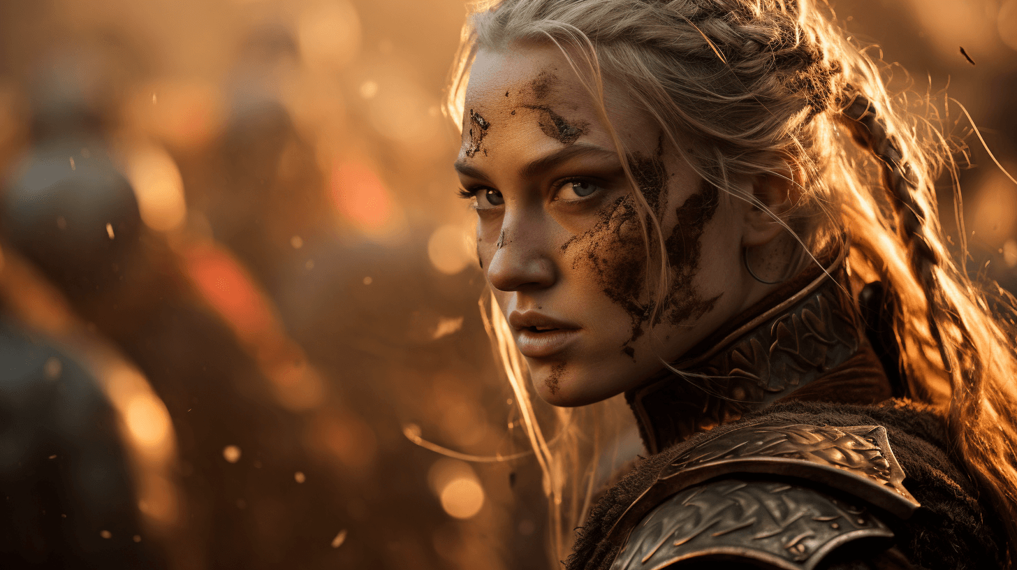 AI generated: Exposure Shot, A powerful viking shieldmaiden with blonde braids, her figure overlaying a fierce bat...