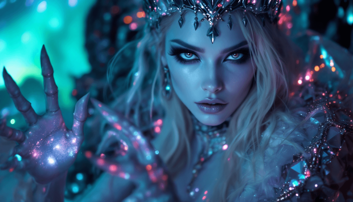 AI generated:  4K, magazine photo shoot quality image of a beautiful 23-year-old platinum blonde ice witch with pi...