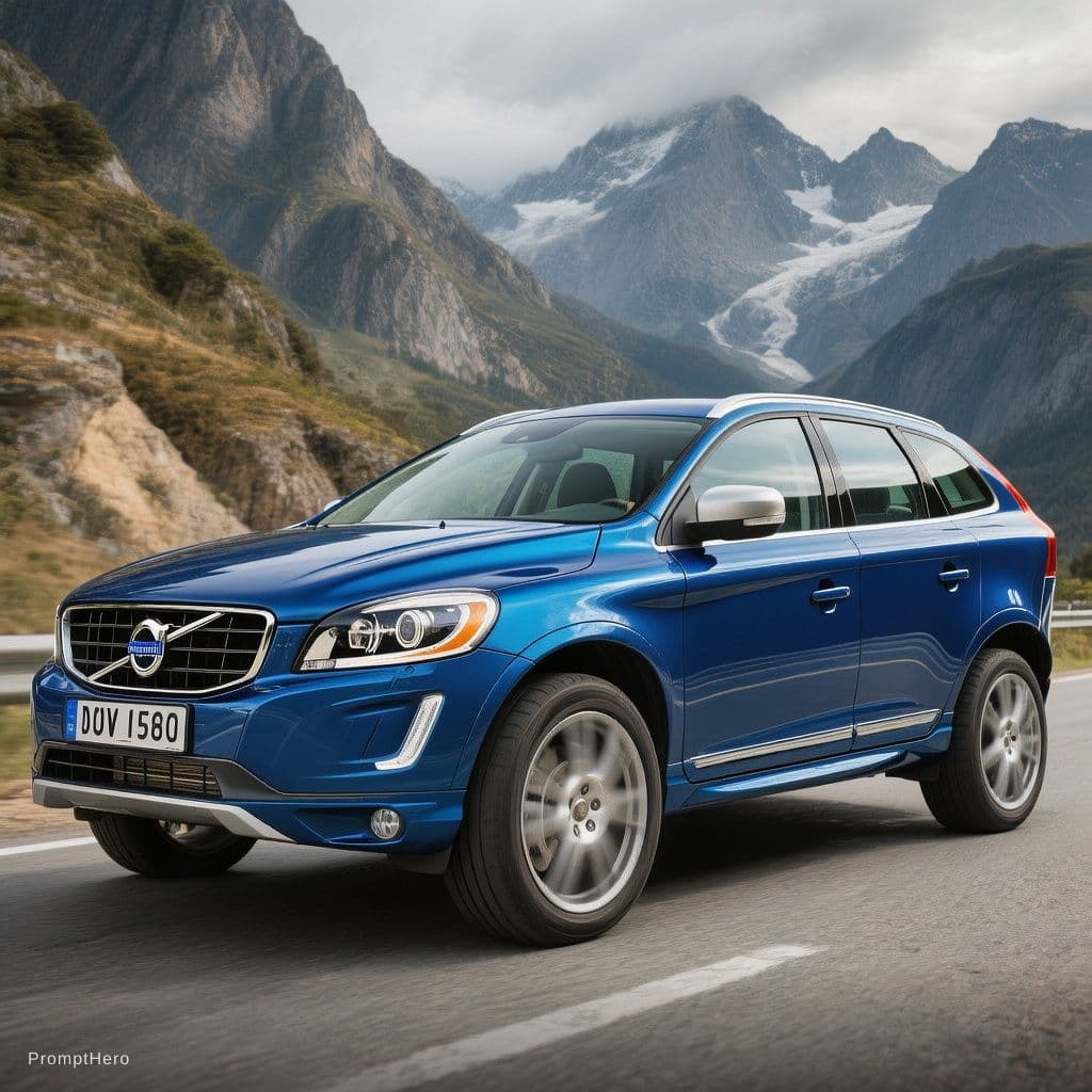AI generated: vygeneruj obrázek kde je Volvo XC60 z roku 2012 Ocean race edice, modrá ocean Blue, je na cestě v ho...