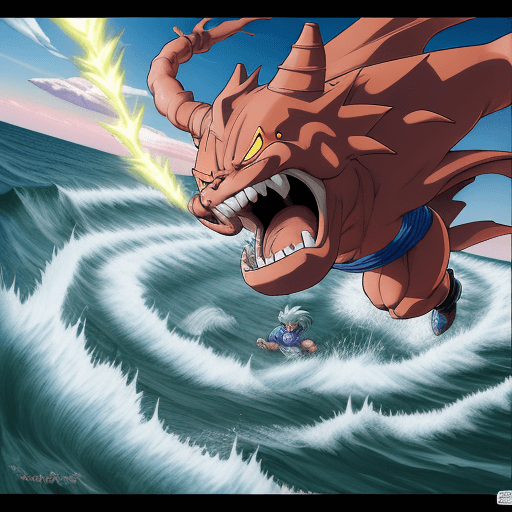 AI generated: Toriyama Akira's comic IP Beast Gohan, charging Ki, on the the sea --ar 2:3