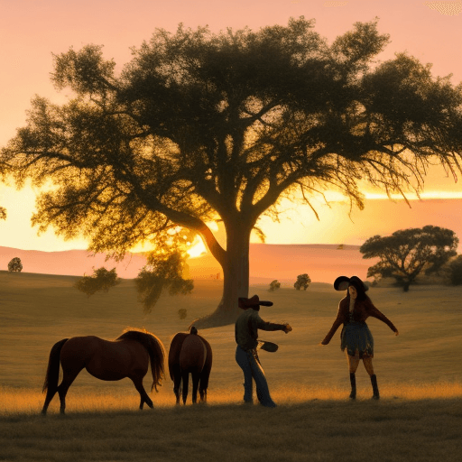 AI generated: a cowboy and his girl having a dance at sunset with rolling hills in the back and there horses tied ...