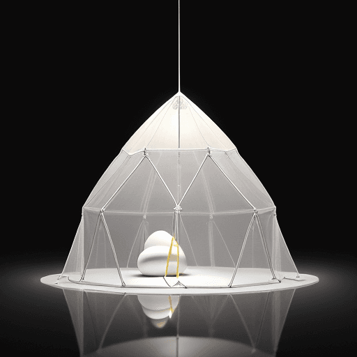 AI generated: "Behold a marvel of design—an egg-shaped tent structure that emanates a soft glow. Crafted from alum...