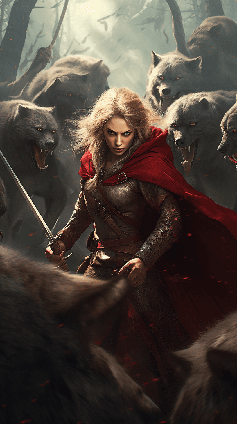 AI generated: A female hunter with blonde braided hair, dressed in a red cloak, holding a wolf's head in a basket....