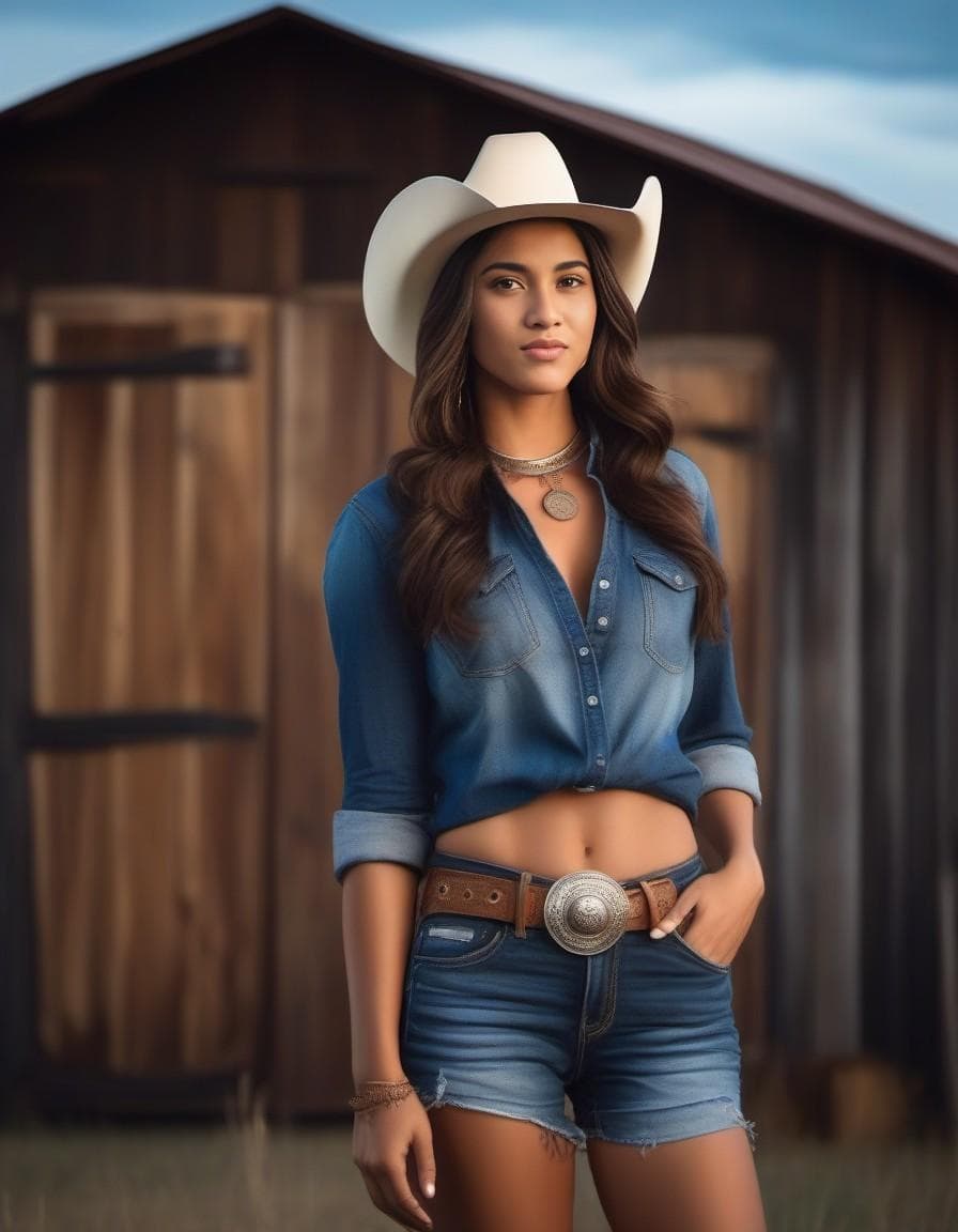 AI generated: full body portrait woman, denim shorts, cowboy hat, big belt buckle, cowboy boots, post by a rustic ...