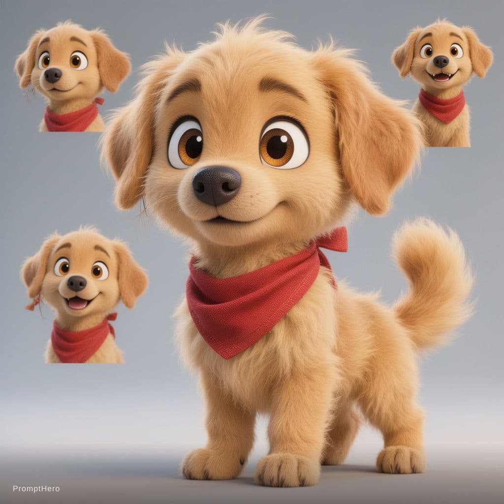 AI generated: Max, a small fluffy golden puppy with soft light golden fur, big adorable cartoon eyes, red bandana ...