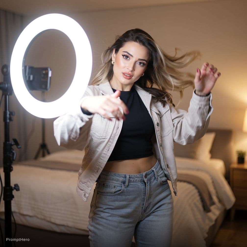 AI generated: the gorgeous model dances in front of a ring light doing sexy tik tok dances 