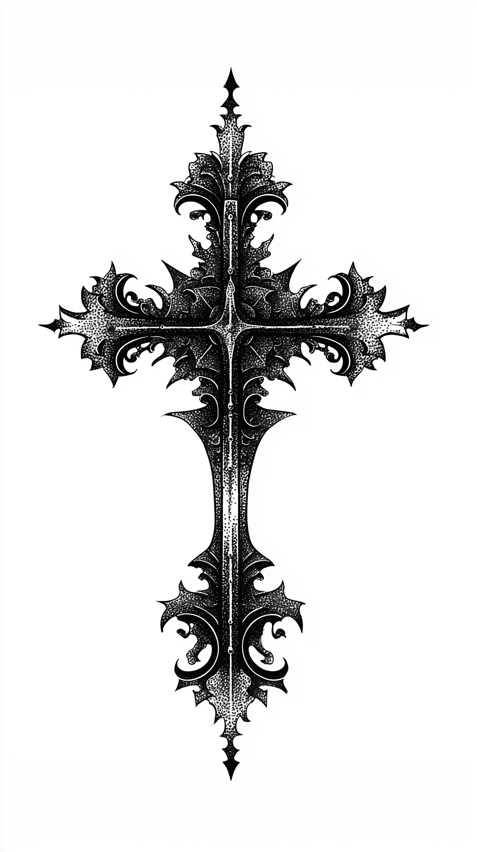AI generated: tattoo design sheet, gothic cross, central composition, stipple style, clean black, stencil gaps, op...