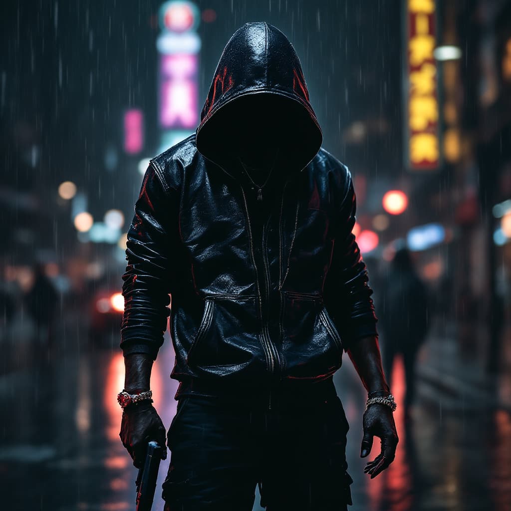 AI generated: Black man standing in the rain with a shiny leather hoodie covering his eyes. His head is tilted sli...