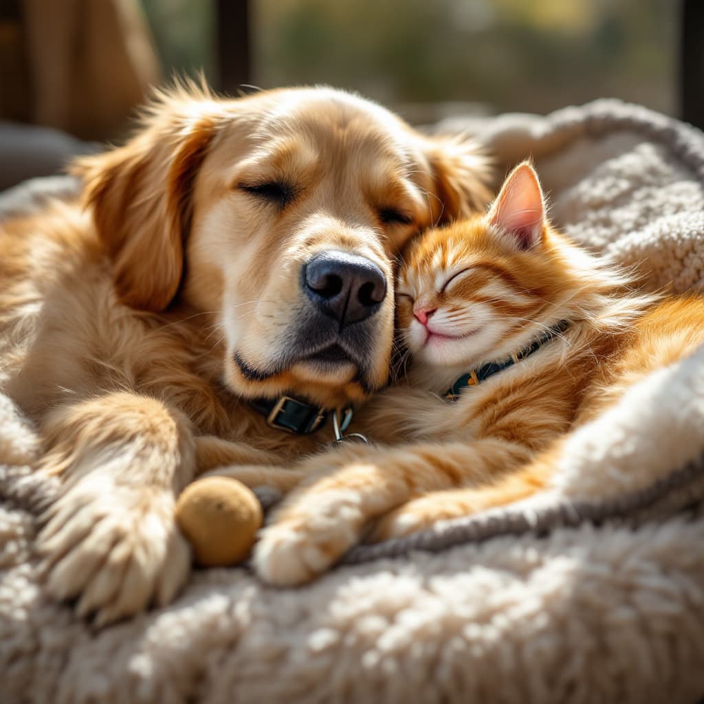 AI generated: A realistic photo of a cat and dog sleeping together on the same pet bed, with sun lighting in the b...