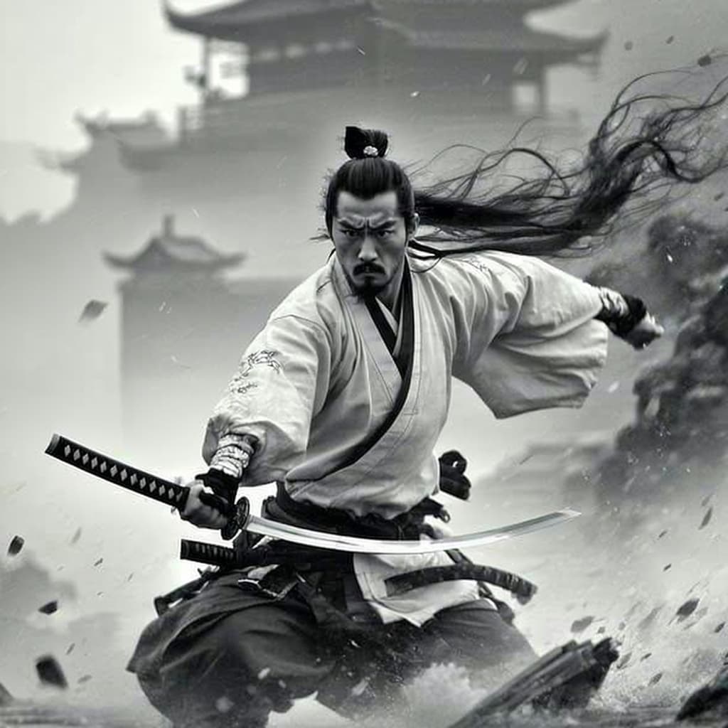 AI generated: black and white image of a samurai who is determined to follow his way no matter what 