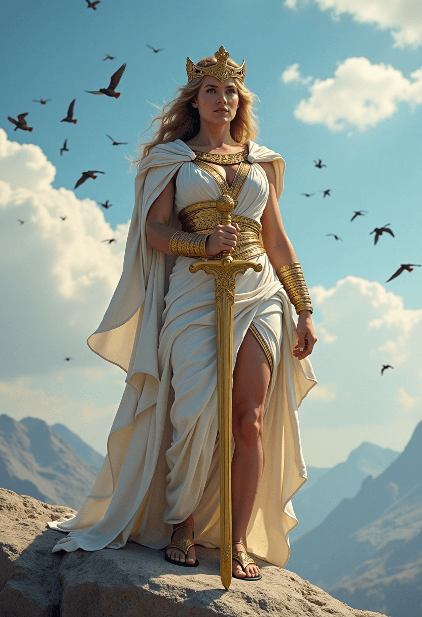 AI generated: Hera, queen of the gods, stands atop the Mount Olympus at mid-day with her hand resting on a golden ...