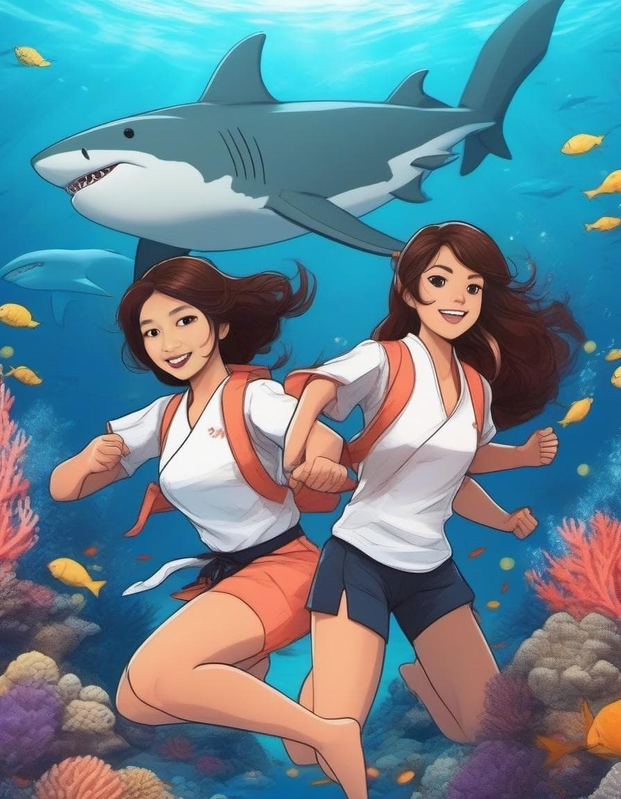 AI generated: Two girls dressed in karate equipment swimming in a coral reef with a peaceful and happy shark. Mang...