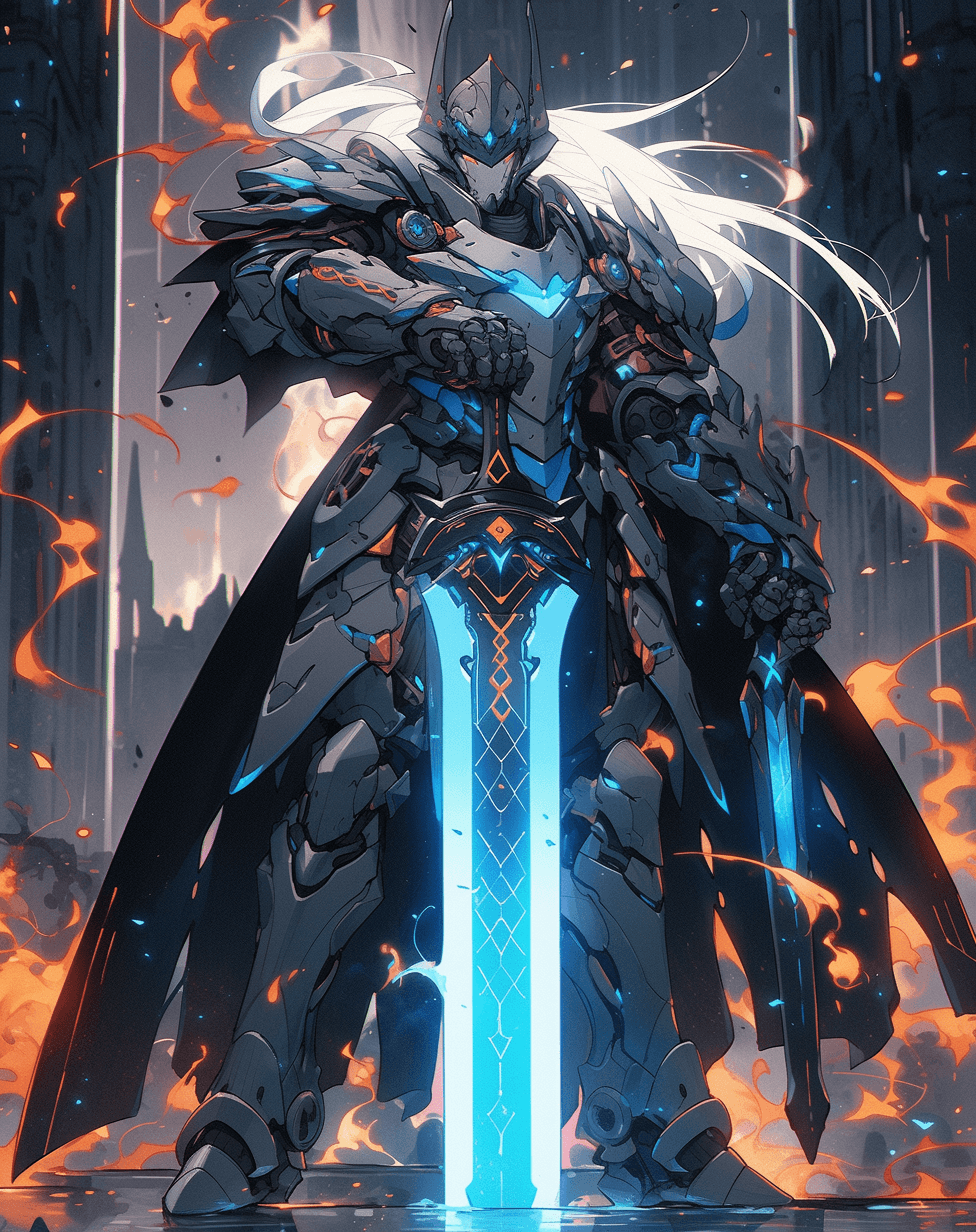 AI generated: a warrior with a sword and a flame, in the style of sci-fi anime, dark gray and light cyan, cryengin...