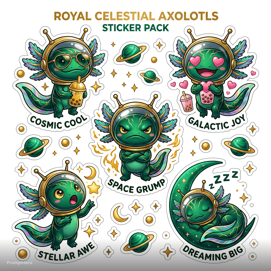 AI generated: An elite sticker pack of 5 expressive "Royal Celestial Axolotls" on a single sheet. Featuring deep E...