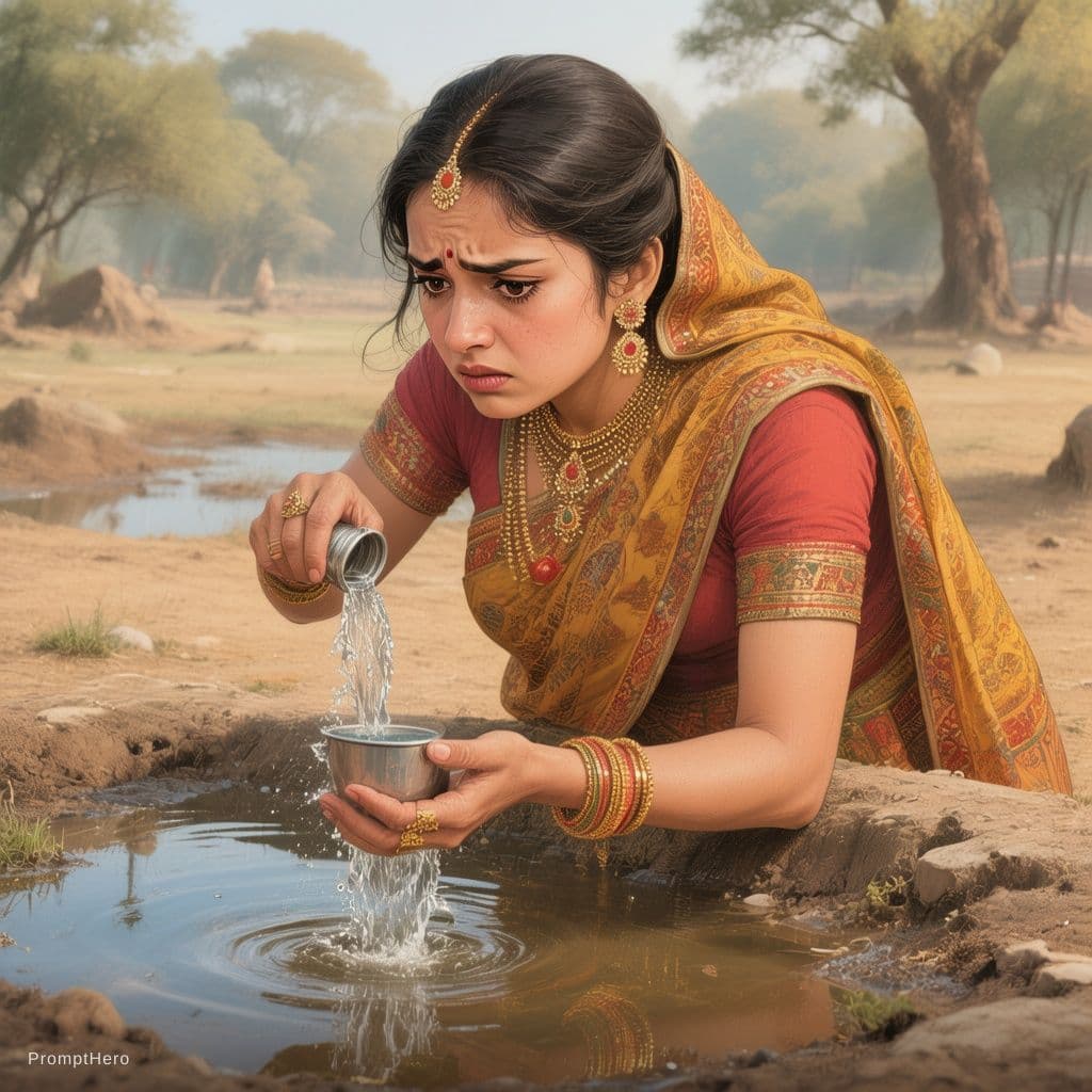 AI generated: Ilustración vectorial de una hermosa mujer india con expresion decepcionada sacando agua del estanqu...