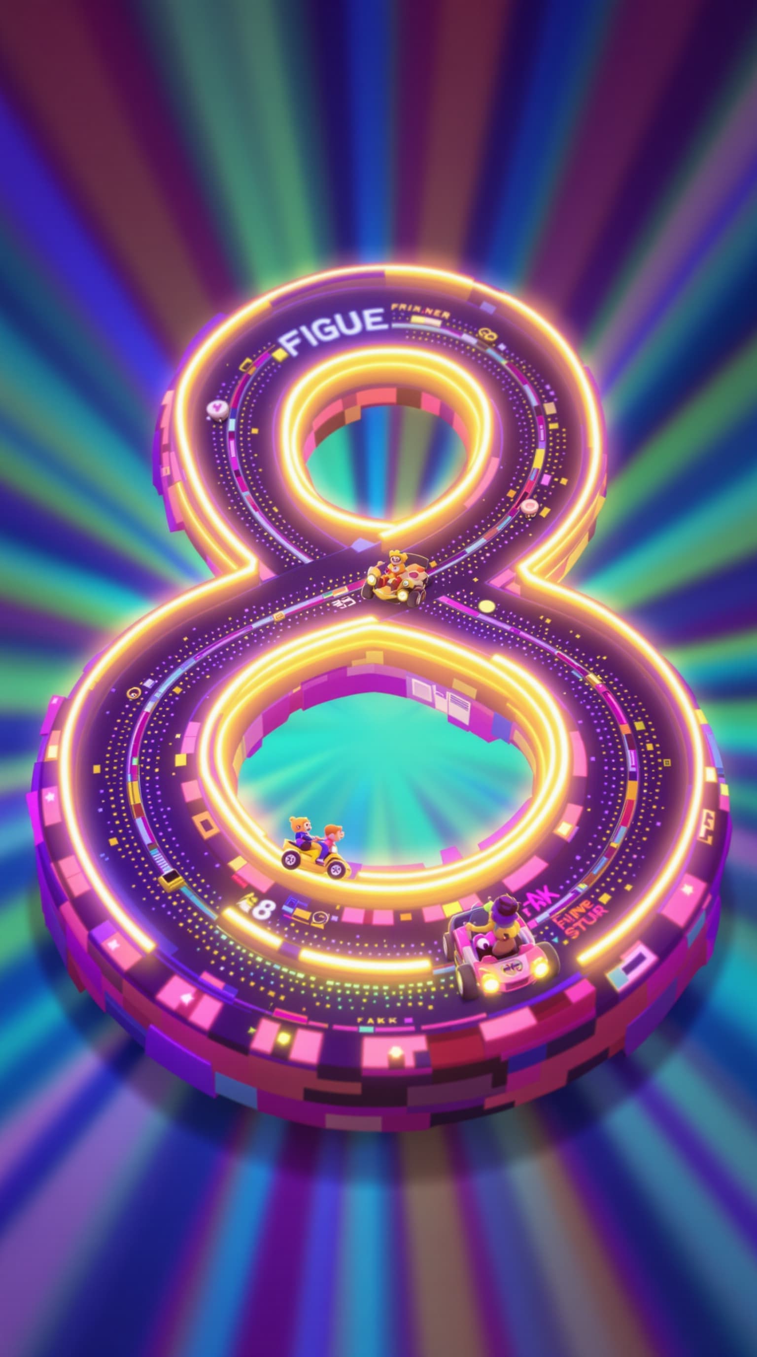 AI generated: warped and twisted image of the figure 8 laid out as a racetrack with two cartoon characters driving...