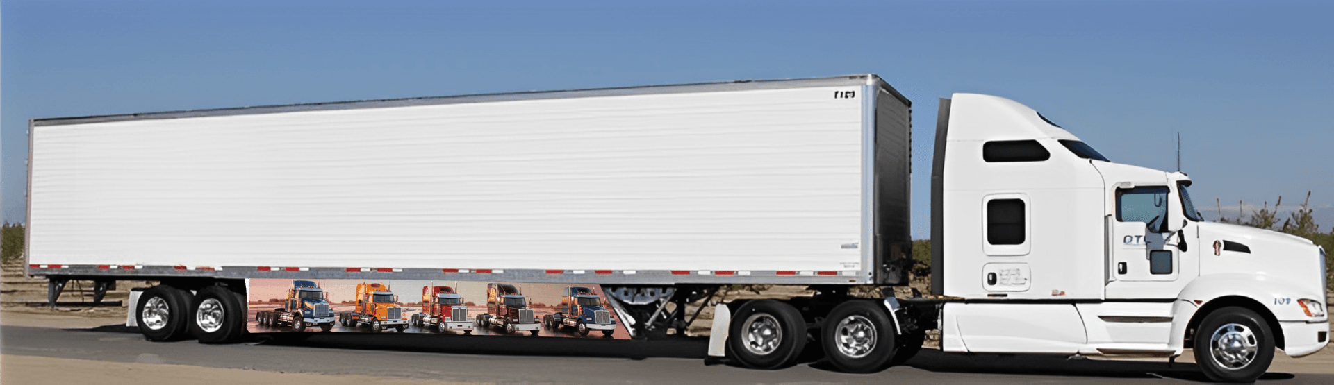 AI generated: Show a sleek and modern tractor trailer with wind skirt/side skirts adorned in vibrant and eye-catch...