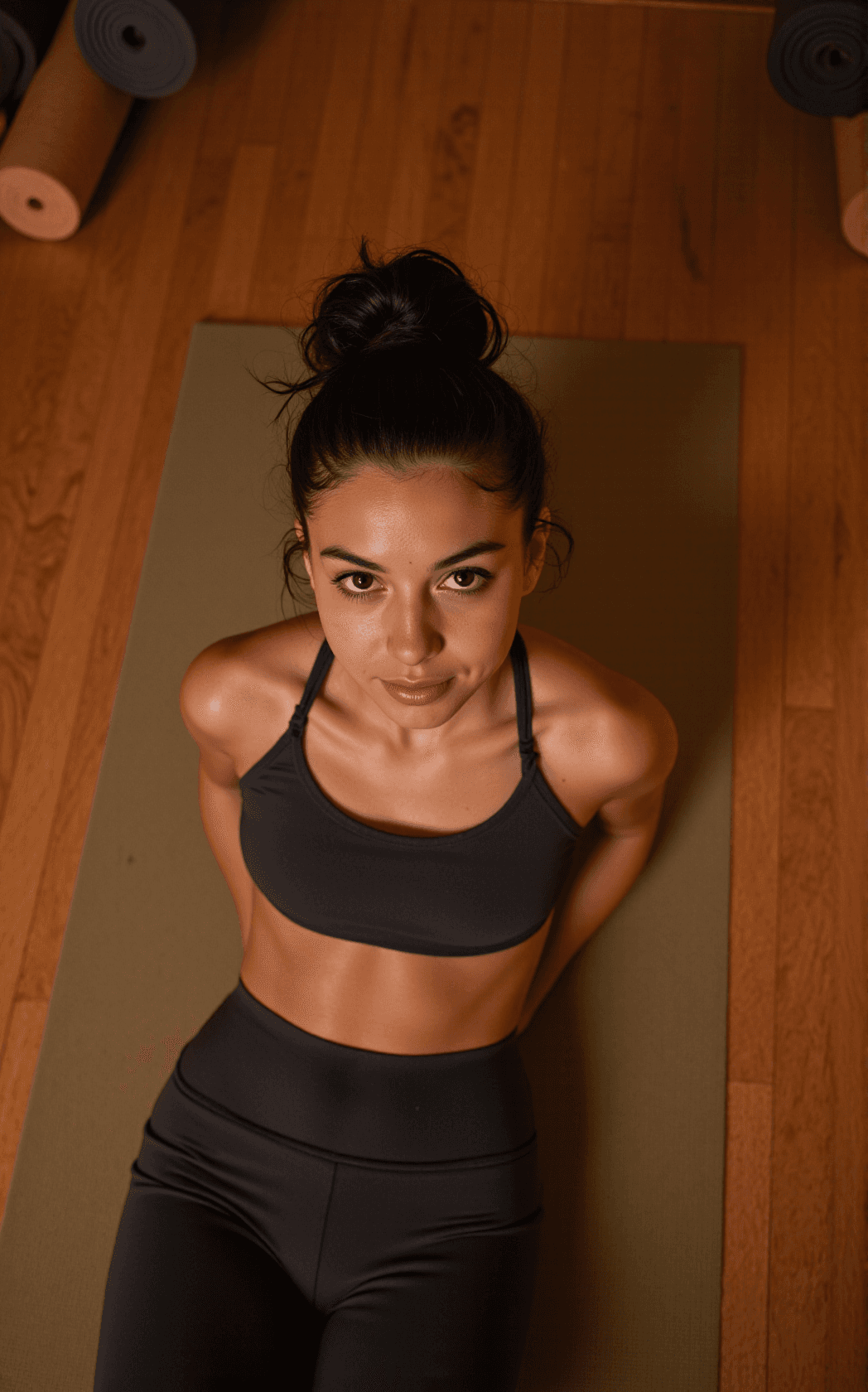 AI generated: An overhead, viewer-facing shot captures a fit young college girl lying on a yoga mat, her athletic,...