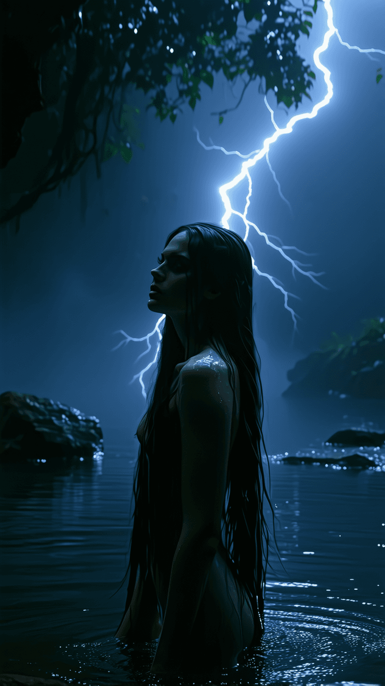 AI generated: A 25 year old white woman with long black hair, lightning around her head, in a dark environment wit...