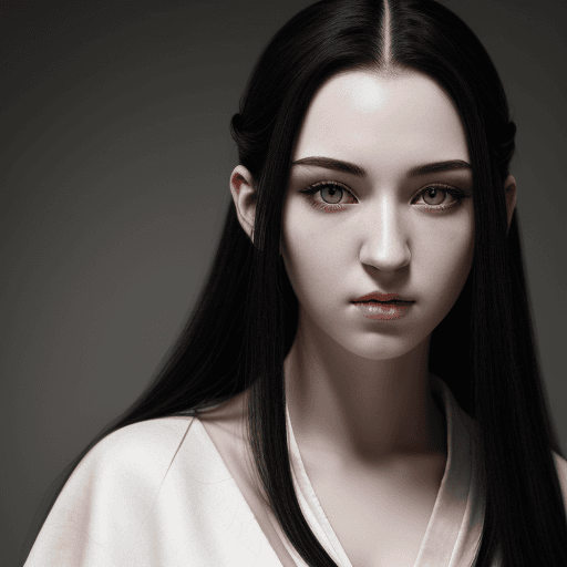 AI generated: Beautiful character, portrait, black eyes, hooked nose, long hair, black hair, parted hair, white sk...