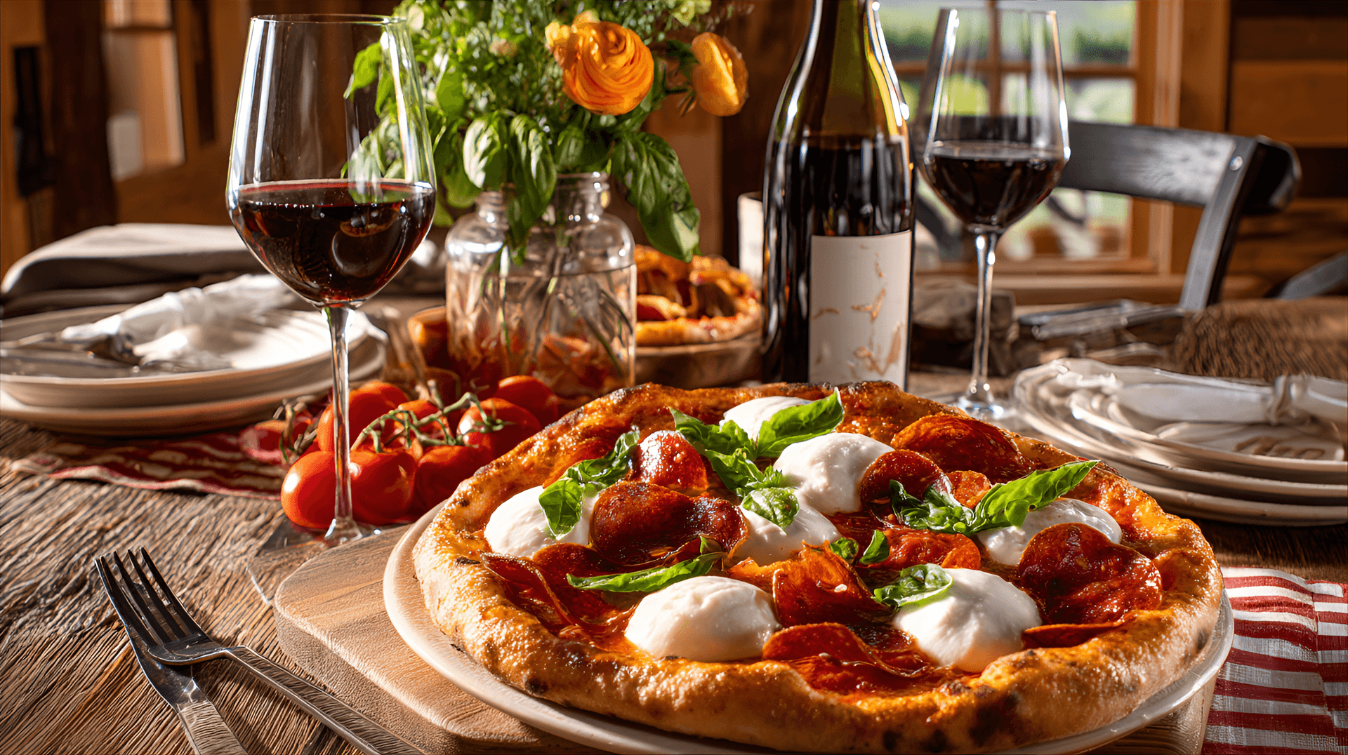 AI generated: food photography of an A vibrant and colorful Italian dinner scene showcasing a Margherita pizza on ...