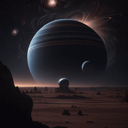 AI generated: An incredible detailed portrait of a vast alien landscape with a space cowboy stargazing, planets co...