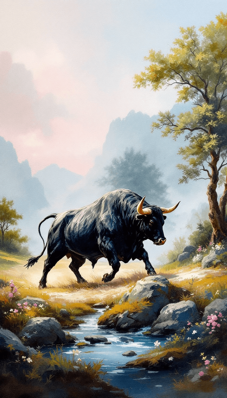 AI generated: a landscape black fighting bull painting pastel colors, 16k, -ar 9:16 - - style 750 - -v 6.0 - Image