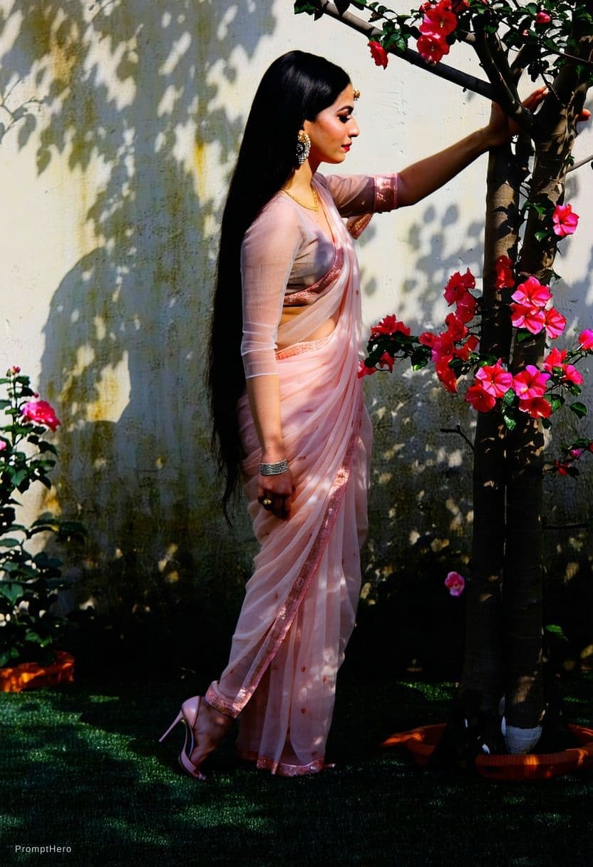 AI generated: One beautiful garden different flowers trees, one  american beautiful lady sanding near open flower ...