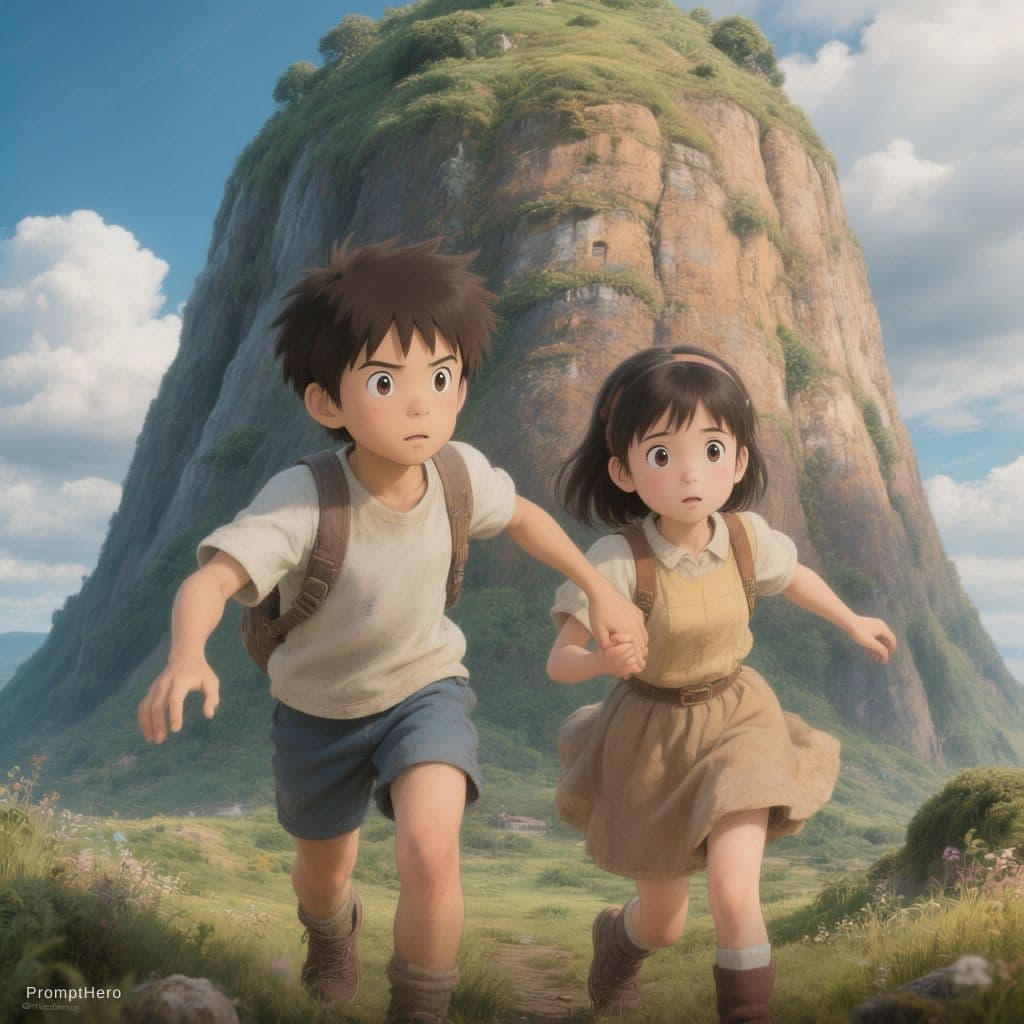 AI generated: a highly detailed matte painting of a young boy and girl at the bottom of a huge hill by studio ghib...