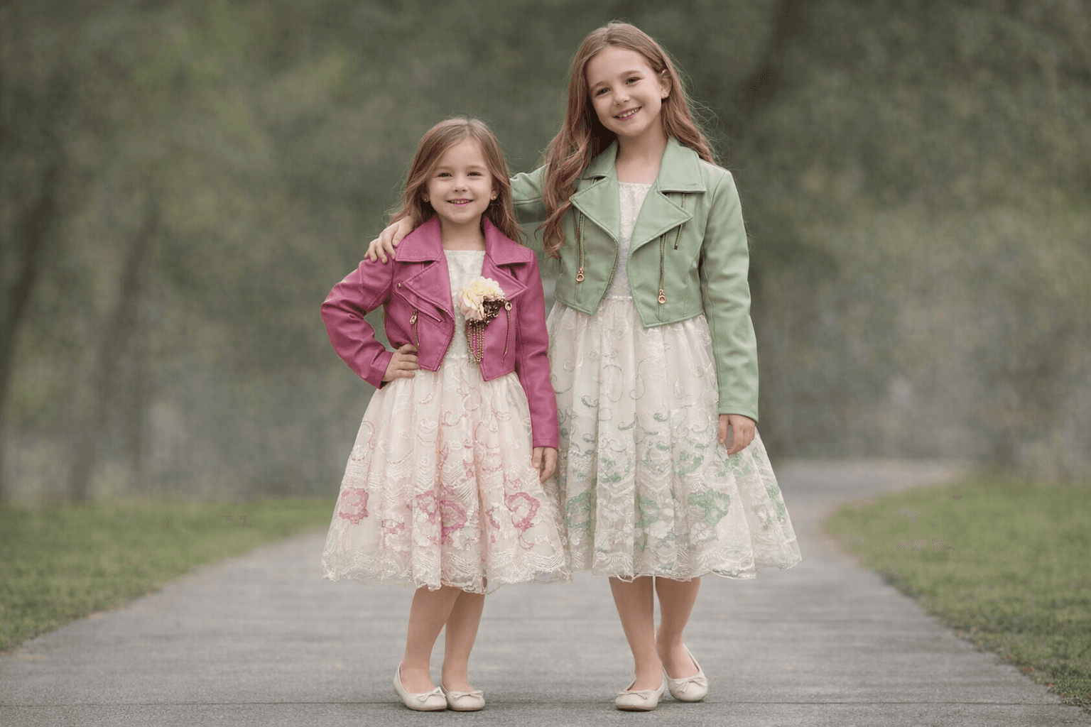 AI generated: Complete image of 2 girls of 6 and 10 years old from head to foot .with different position having th...