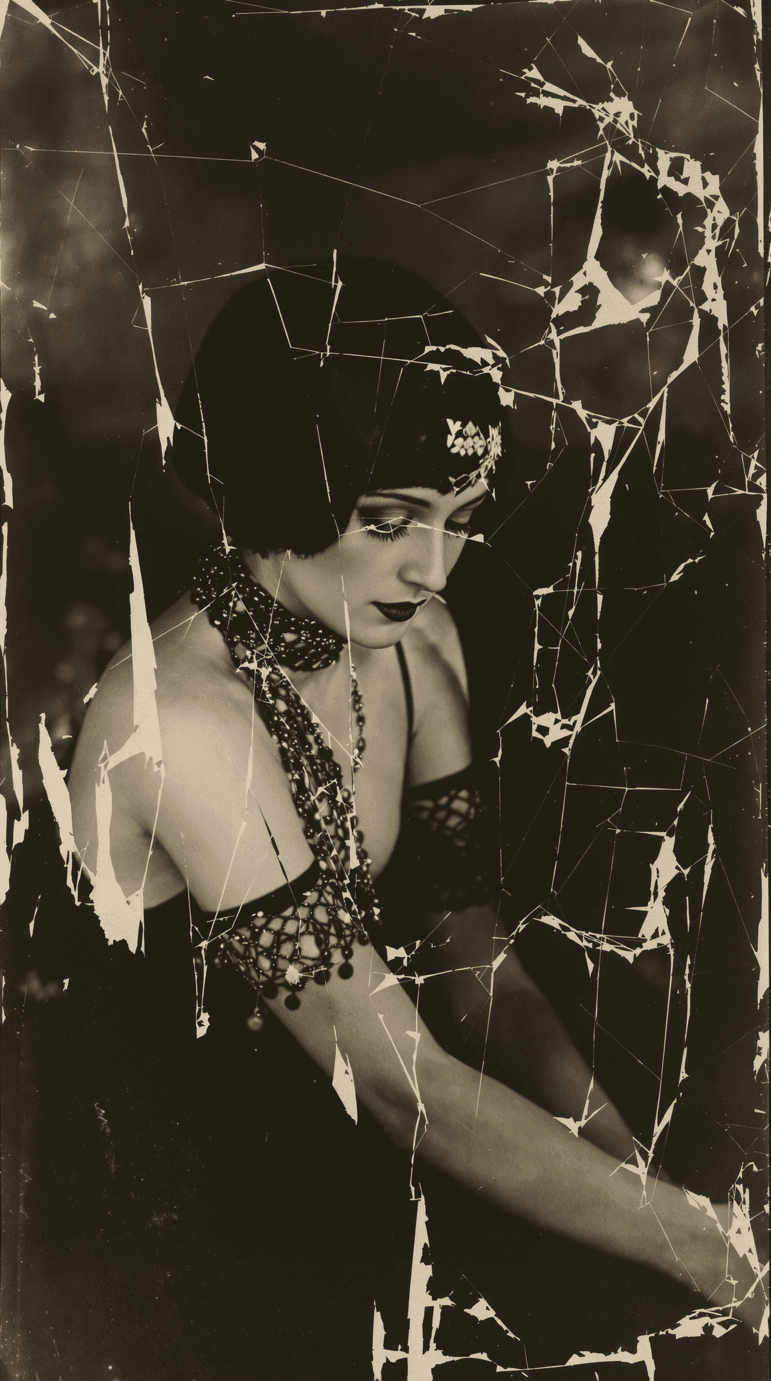 AI generated: style of yvaphot, 1920s photography, vintage b/w, old damaged photo print, 18yo flapper girl, surrea...